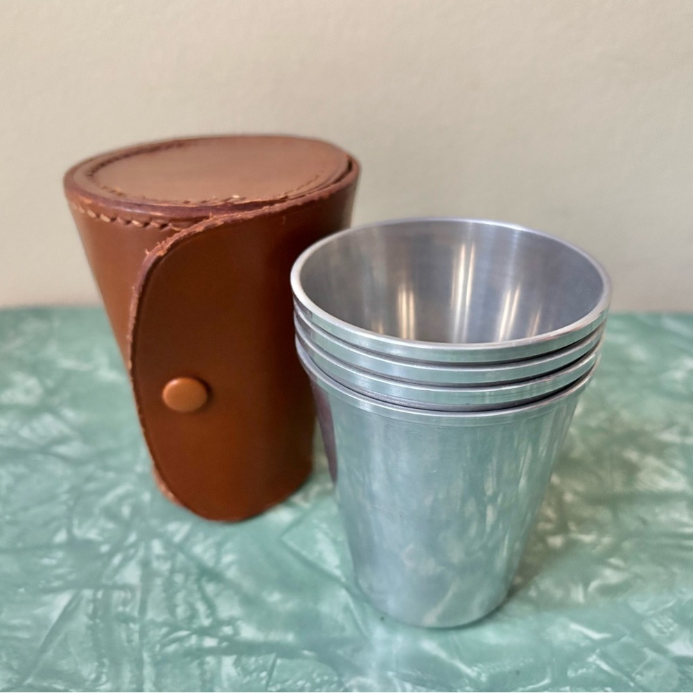 Vintage Stainless Steel Stirrup Cups in Brown Leather Case Made in England